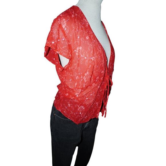 Ann Taylor Silk Blouse Women’s Size 10 Red Floral Tie Front Sheer Top Short Slee - Picture 6 of 12